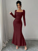 Women's Four Seasons Women's Elegant Temperament Retro Solid Color Square Collar Long Sleeve Dress