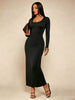 Women's Solid Long Sleeve Bodycon Dress, Chic Basic Minimalist Causual Scoop Neck Long Dress, Womenswear