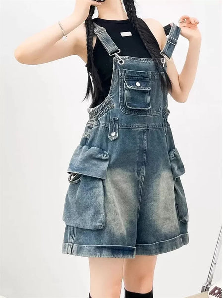 American Vintage Denim Overalls Women Wide Leg Jumpsuit Slim Fit Loose Design Youthful Style Short Romper