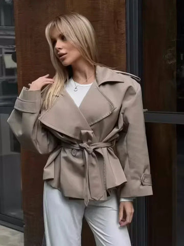 Women V-neck Lapel Belt Trench Coat Lace Up Full Sleeve Button Short Thin Windbreak Lady Daily Street Outerwear