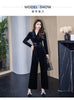 Temperamnet Velvet Jumpsuit For Women Elegant V-neck Long Sleeve Slim Wide-Leg Pants with Brooch