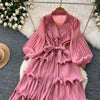 High End Party Ruffles Runway Dresses Women Lantern Sleeve Lace-up Loose Stretch Celebrity Beautiful Long Dress