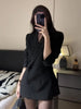 Korean Elegant Slim Fit Blazer Coat Women V-Neck Long-Sleeve Double Breasted Casual Black Coat Office Style Blazers