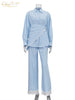 Loose Blue Stripe Women's 3 Pieces Set Elegant Long Sleeve Shirt + Corset With High Waist Wide Pants Set