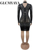 Fall Diamonds See Through O-neck Women Long Sleeve Bodycon Mini Dress Birthday Party Evening Sexy Maxi Dresses