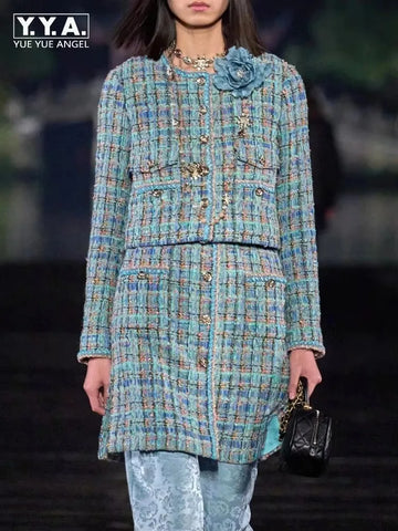 Elegant Women Tweed Jacket Long Sleeve Single Breasted Plaid Short Coat Spring Autumn Office Ladies Designer Outerwear