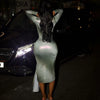 Sexy Gradient Color Irregular Ribbon Dresses Woman Deep V Long Sleeve Shirring Bodycon Dress Elegant Party Clubwear