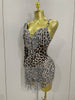 Sparkle Diamond Tassel One Shoulder Leopard Print Stretch Mini Dress Women Birthday Party Sexy Nightclub Stage Costume