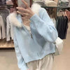 Casual Knit Hoodie Cardigan Women Long Sleeves Zipper Faux Fur Patchwork Coats Female Autumn Winter Solid Thick Knitwears