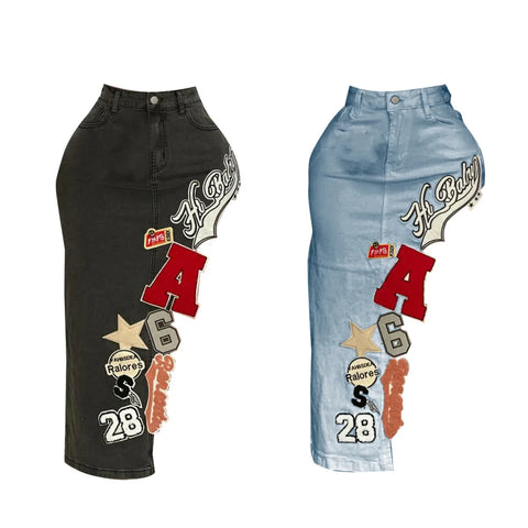 Letter Embroidery Asymmetrical Denim Skirts Women Vintage Button Fly High Waist Stretch Jeans Calf-length Skirt Bottoms