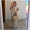 Striped Print Shirt Pants Set Turn Down Collar Three Quarter Sleeve Blouses Wide Leg Trousers Suit Casual Chic Women Outfit