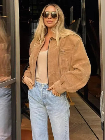 Brown Loose Short Suede Jacket Women Lapel Lantern Sleeves Zipper Outwears Lady Spring Daily Commute Street Coat