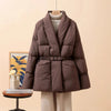Temperament Cotton Coat Women Winter Warm Solid Color V-neck Gathered Waist Jacket Coats Parkas with Belt