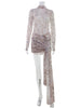 Sexy Sheer Women'Mini Dresses Turtleneck Print Regular Long Sleeves Ribbon Sheath Bodycon Casual Streetwear Female Robe