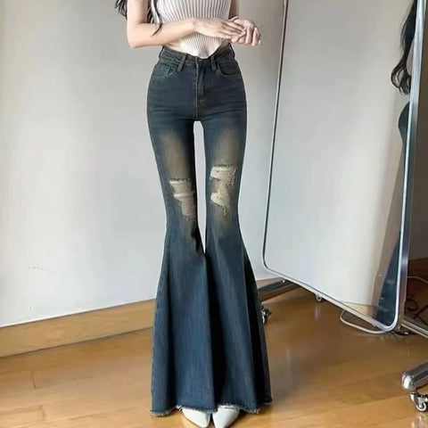 Autumn Spring Denim Pant Women Flare Jeans Vintage Tight Trousers Female Slim Elastic Skinny Jeans Casual Flare Pants