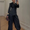 Chic Solid Lapel Coat Long Pant Suit Women Casual Full Sleeve Waist Cinching Blazer Wide-leg Pants Set Lady Daily Street Outfit