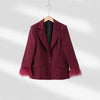 Chic Feather Blazer Pants Set Women Lapel Shoulder Pads Full Sleeve Jacket Pocket Straight Pant Spring Autumn Lady Suit
