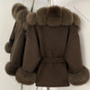 Real Fur Wool Jacket Reality Fur Jacket Women Natural Fox Fur Cuffs Winter Clothing Female Elegant with Belt Woolen Coat
