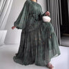 Women Dress Long Dresses A Line Casual Puff Full Sleeve Round Neck Maxi Lace Up Tight Waist Print Floral Elegant Splice Vestidos