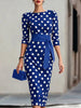 Elegant Women Office Party Midi Dress Polka Dot 3/4 Sleeve Pencil Dresses Spring Round Neck With Belt Slim Dress Robe