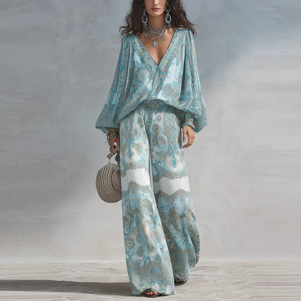 Women's Boho Paisley Print Two-Piece Set Sexy Deep V-Neck Long Sleeve Blouse Top Wide Leg Pants Casual Loose Suit for Vacation
