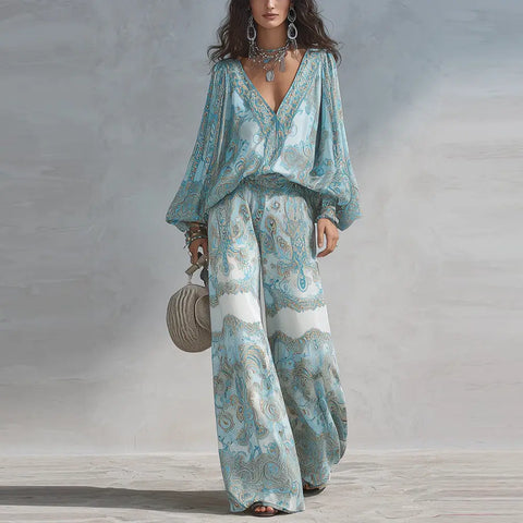 Women's Boho Paisley Print Two-Piece Set Sexy Deep V-Neck Long Sleeve Blouse Top Wide Leg Pants Casual Loose Suit for Vacation