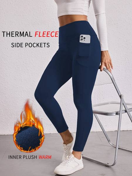 Womens Thermal Fleece Lined Leggings with Pockets, High Waisted Tummy Control Workout Winter Warm Thick Tights Pants