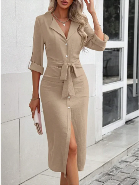 Office Lady V-neck Solid Color Shirts Style Dress Women's Long Sleeved Button Lace Up Dress Elegant Autumn Spring Dresses