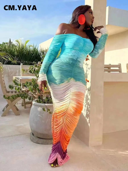 Women Gradient Tie Dye Printed Off Shoulder Long Sleeve Maxi Long Midi Bodycon Ruched Dress Sexy Party Club Dresses