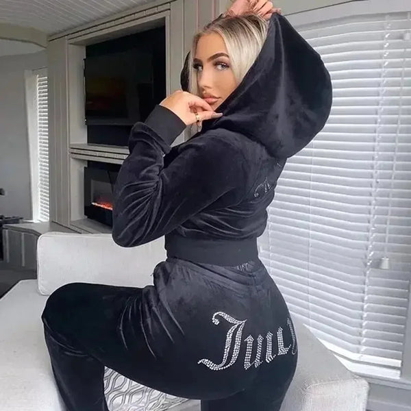 Winter Juicy Coutoure Tracksuit Women Velvet Diamond Long Sleeve Pants Hoodie Suits Piece Set Zipper Tracksuit Cro
