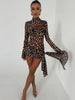 Turtleneck Sexy Sheer Print Leopard Bandage Women Dress Long Sleeve Mini Dress Lady Spring Slim Elegant Party Club Dress