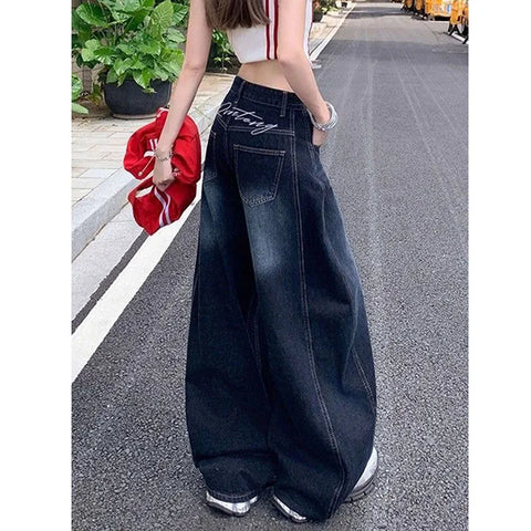 Letter Embroidery Wide Leg Trousers Women Korean High Waisted Sickle Jeans Female Streetwear Baggy Y2K Denim Pants
