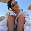Hooded Rainbow Striped Knitted Cardigan Colorful Drop Shoulder Zipper Pockets Loose Sweater Autumn Women Sweet Casual Coat