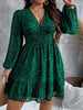 Sexy V-Neck Leopard Print Long-Sleeve Dress Plus Size Women Clothing American Slim A-Line Skirt Elegant Party Evening Dress