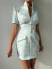 Elegant Women's Printed Buttons Short Dress Waist Cinched Shoulder Pads High Collar Dresses Autumn Lady Holiday Party Robes