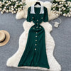 French Style Vintage Panelled Moda Dress Turn-down Collar Puff Sleeve Slim Vestidos Elegant Vent Knit Femme Robe