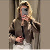 Women Solid Cropped Zip‑Up Knit Jacket Stand Collar Zipper Long Sleeve Loose Short Sweater Autumn Casual Commute Outerwear