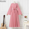 Women Muslim Maxi Dress Solid Color O-Neck Long Sleeve Turkish Abaya Robe Casual Elegant Party Oversized Vestidos