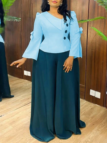 Two Piece Sets Women Outfits Flare Sleeves Asymmetrical Neck Tops Wide Leg Trousers for Party or Stylish Office Wear