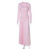 Elegant Pink Irregular Pleated Maxi Dress Women O-Neck Long Sleeve Ruched Slim Long Dress Wedding Guest Evening Party Robes