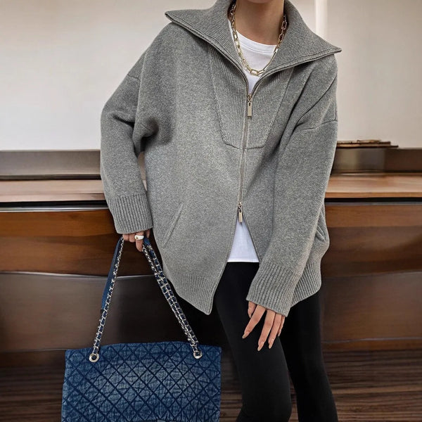 Double Zipper Turn-Down Collar Knitted Cardigan coat for women chic Thickened Loose lapel sweater jackets 26D5571
