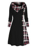 Knitted hooded dress plaid print stitching fake buckle high waist long sleeve A-line dress female