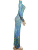 Sexy See Through Dress Women Hollow Hipster Colorful Print Stretch Skinny Midnight Party Clubwear Fishtail Bodycon