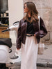 Vintage Wine Red Loose Short Leather Jacket Women Lapel Long Sleeves Zipper Cropped Coat Autumn Lady Street Outwear