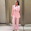 Woman Pink Feather Pant Sets Women's Two Pieces Set Long Sleeve Suit Outfit Office Wear Woman High Waist Trousers Sets