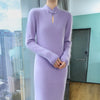 Women' 100%Pure Mink Cashmere Dress Stand-Up Collar Buckle Slim Knit Long Skirt High Waist Over The Knee Bottoming Dress