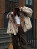 Chic Faux Fur Collar Patchwork Woolen Coat Women Casual Lapel Full Sleeve Zipper Loose Warm Coats Lady Commute Office Outerwears
