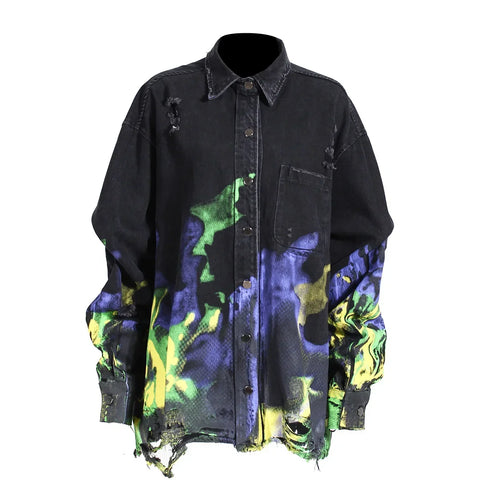 Denim Shirt Women's Spring Autumn Washed Loose Street Print Jacket and Coat