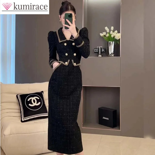 Autumn and Winter French Style Unique and Beautiful Temperament Black Elegant Women's Dress