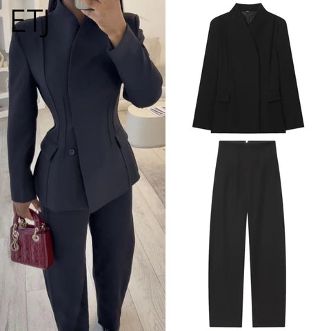 Women's Design Three-Dimensional Cut High Collar Slim Suit Jacket & Matching Casual Trousers